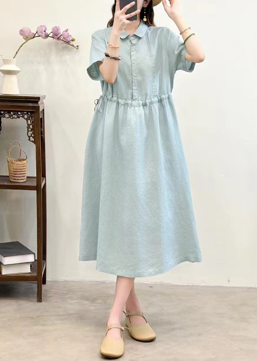 Navy Lace Up Solid Linen Summer Long Dress Peter Pan Collar