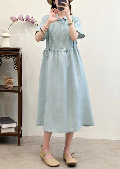 Navy Lace Up Solid Linen Summer Long Dress Peter Pan Collar