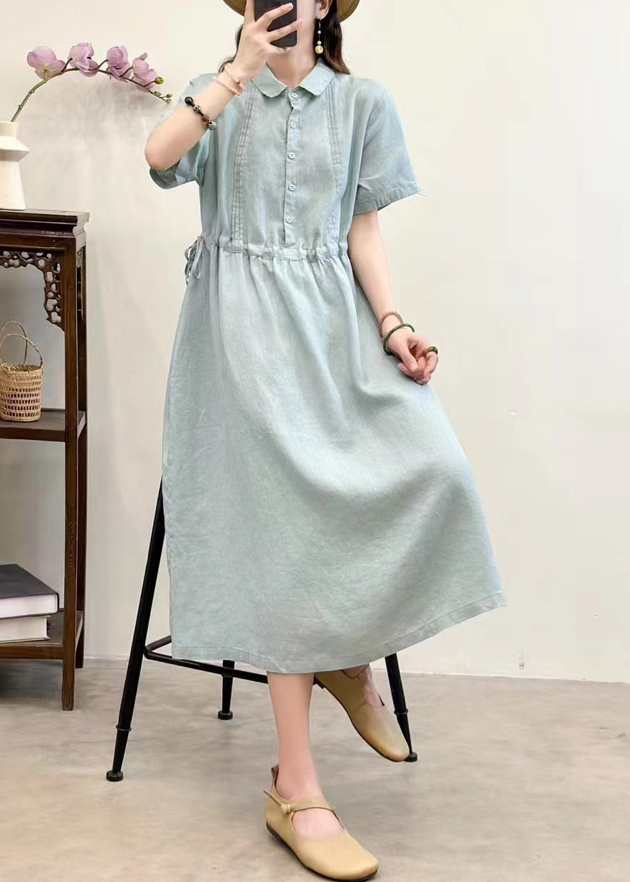 Navy Lace Up Solid Linen Summer Long Dress Peter Pan Collar