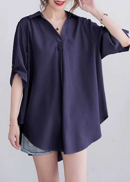 Navy Loose Cotton Tops Peter Pan Collar Summer