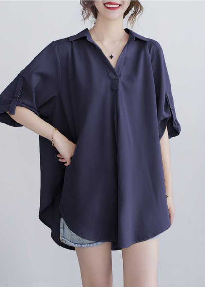 Navy Loose Cotton Tops Peter Pan Collar Summer