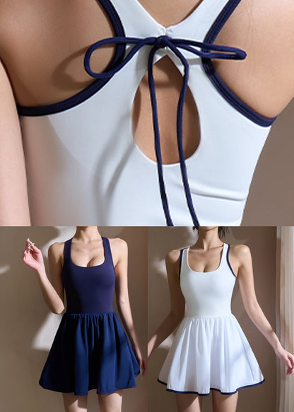 Navy Patchwork Bow Tie Waist Tennis Dress Sleeveless