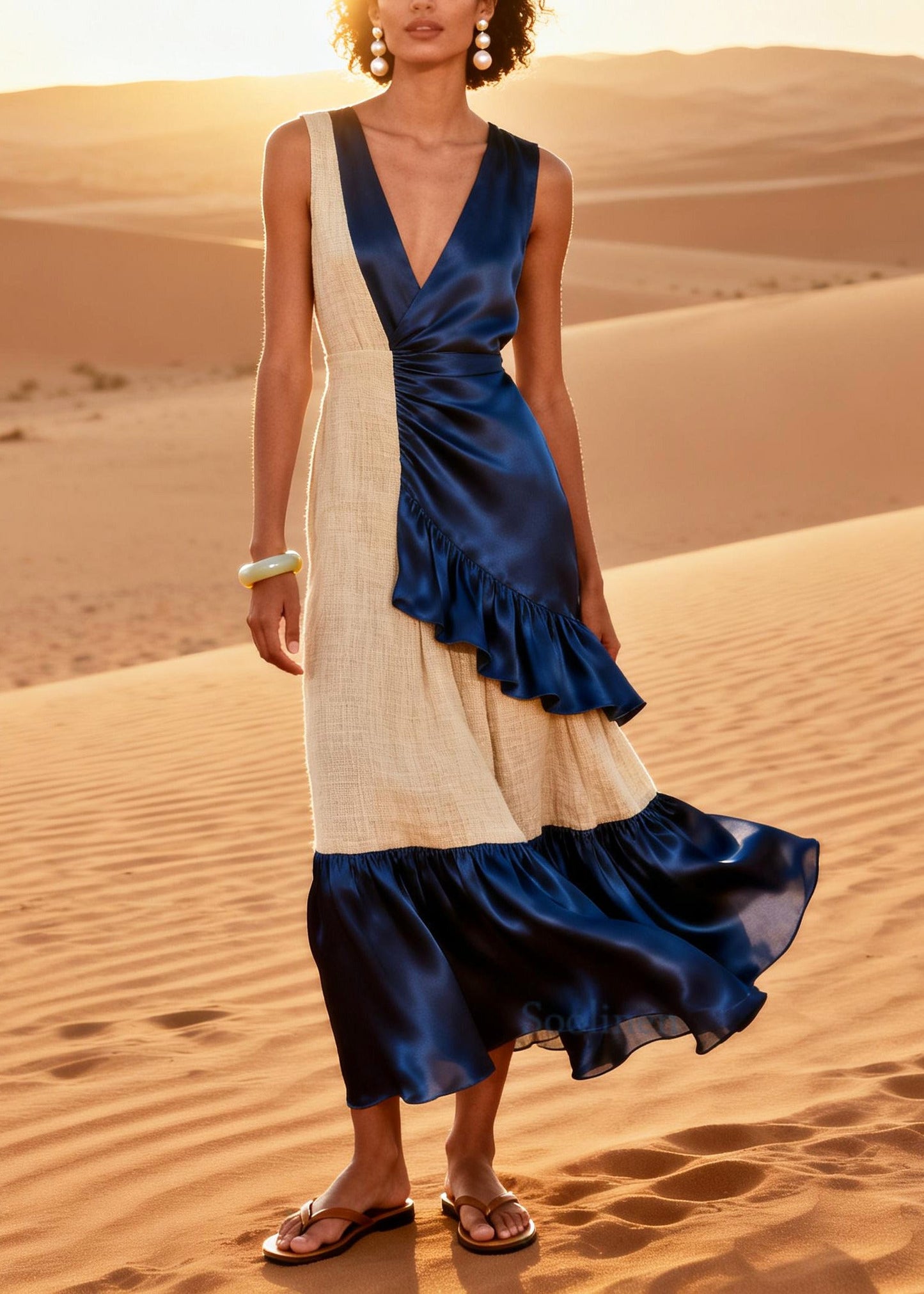 Navy Patchwork Linen Silk Maxi Dress Asymmetrical Ruffles Summer
