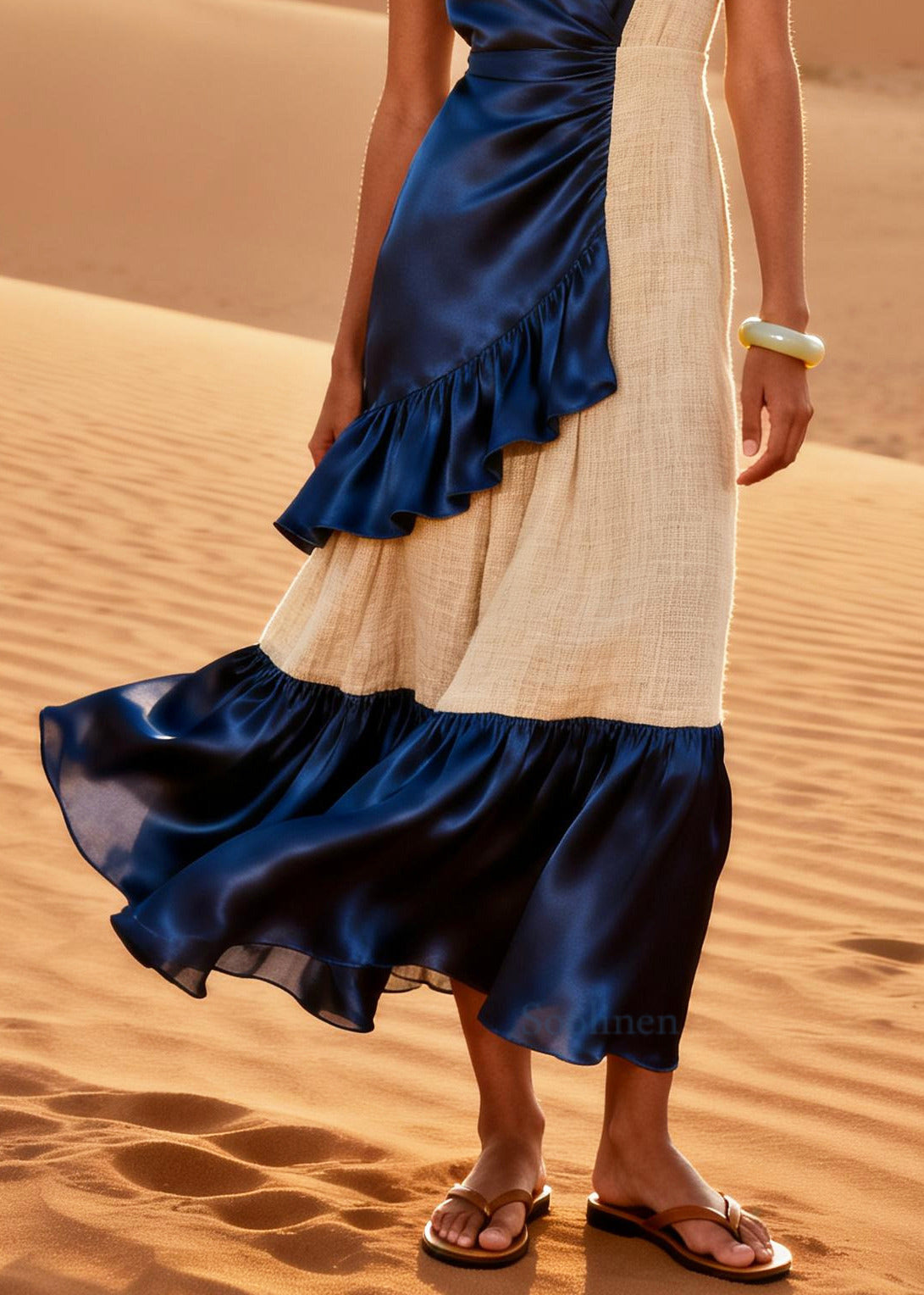 Navy Patchwork Linen Silk Maxi Dress Asymmetrical Ruffles Summer
