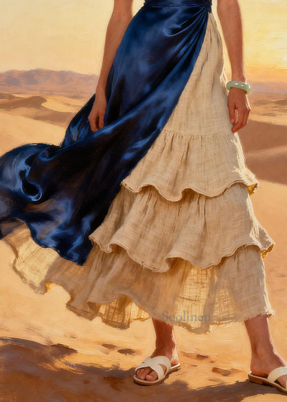 Navy Patchwork Linen Silk Maxi Dresses Asymmetrical Ruffles Summer