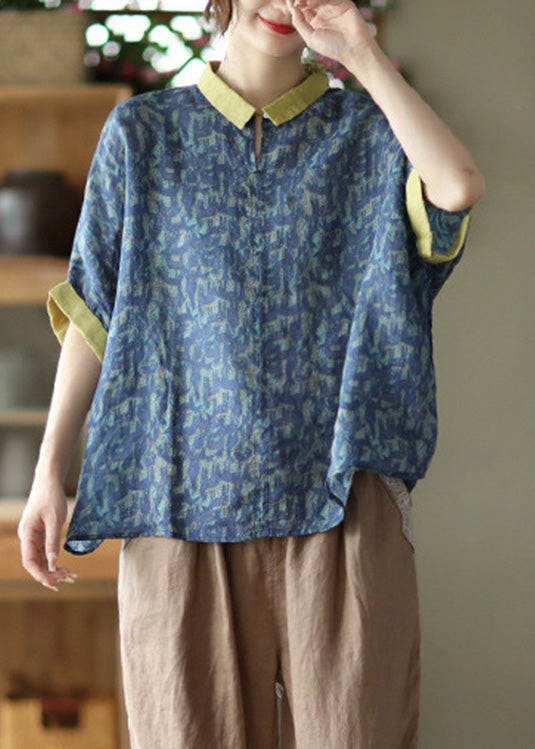 Top de ramio con cuello Peter Pan y estampado azul marino de verano