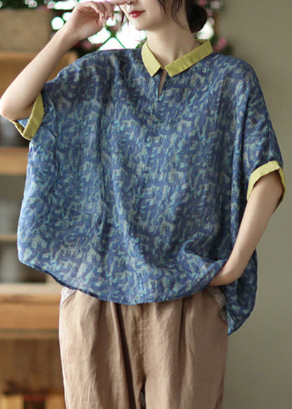 Top de ramio con cuello Peter Pan y estampado azul marino de verano