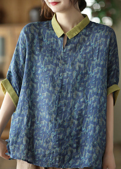 Top de ramio con cuello Peter Pan y estampado azul marino de verano