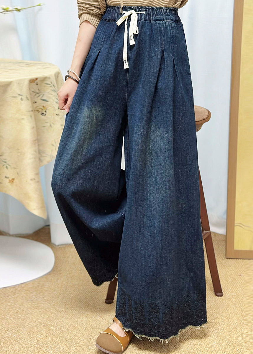 Navy Pockets Denim Wide Leg Pants Embroidered Fall