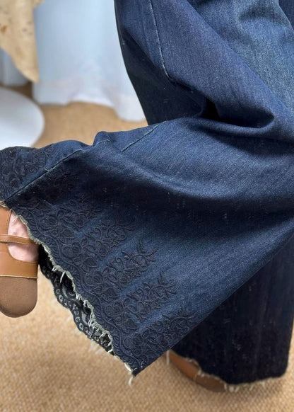 Navy Pockets Denim Wide Leg Pants Embroidered Fall
