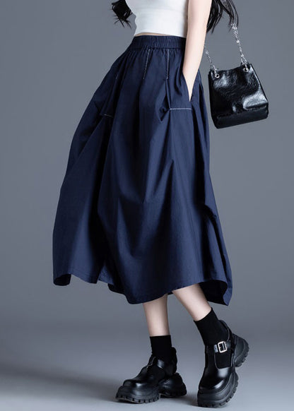 Marineblaue Baumwollröcke mit Taschen und elastischem Bund, knitterig