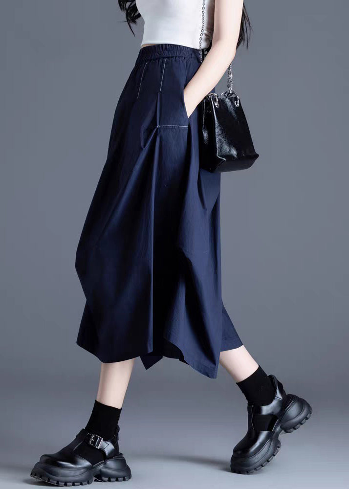 Marineblaue Baumwollröcke mit Taschen und elastischem Bund, knitterig