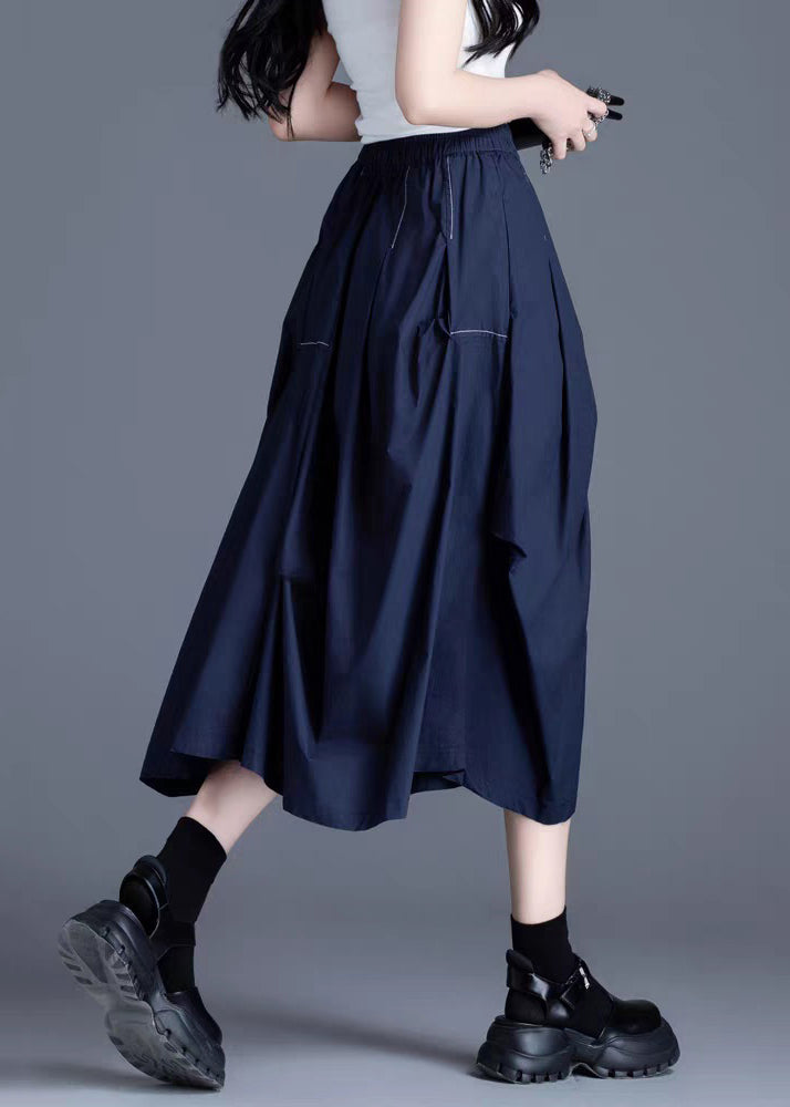 Marineblaue Baumwollröcke mit Taschen und elastischem Bund, knitterig