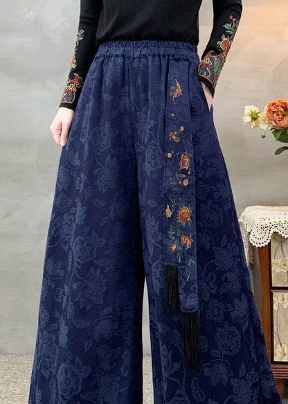 Navy Pockets Jacquard Retro Cotton Pants Embroidered Fall