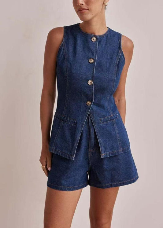 Navy Silm Fit Denim Two Piece Set Women Clothing Side Open Sleeveless