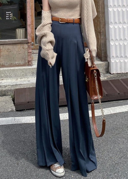 Navy Wrinkled Solid Spandex Wide Leg Pants High Waist
