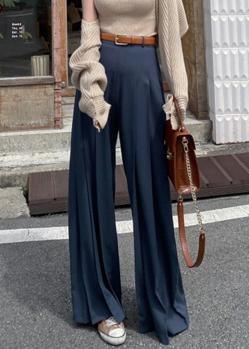 Navy Wrinkled Solid Spandex Wide Leg Pants High Waist