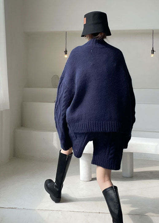 Marineblaues, gemütliches, lässiges Strick-Zweiteiler-Set für den Winter