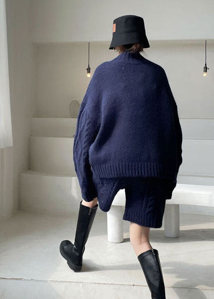 Marineblaues, gemütliches, lässiges Strick-Zweiteiler-Set für den Winter