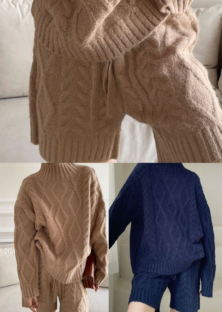 Marineblaues, gemütliches, lässiges Strick-Zweiteiler-Set für den Winter