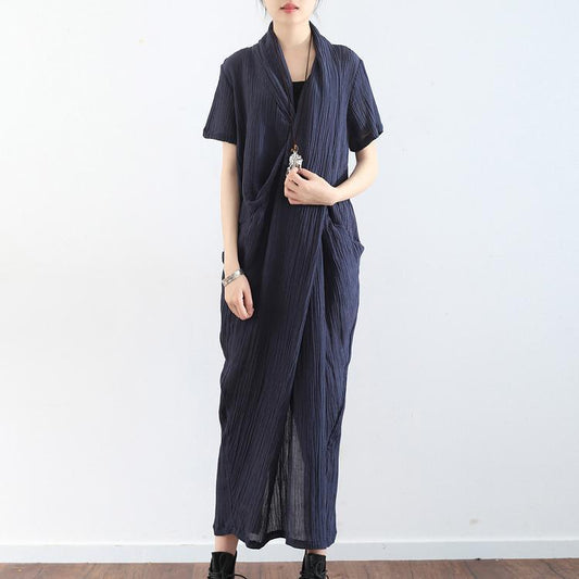 Marineblaues Leinen-Maxikleid mit Kreuzmuster und kurzen Ärmeln, lässige Kaftane, elegant
