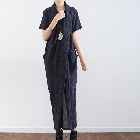 Marineblaues Leinen-Maxikleid mit Kreuzmuster und kurzen Ärmeln, lässige Kaftane, elegant