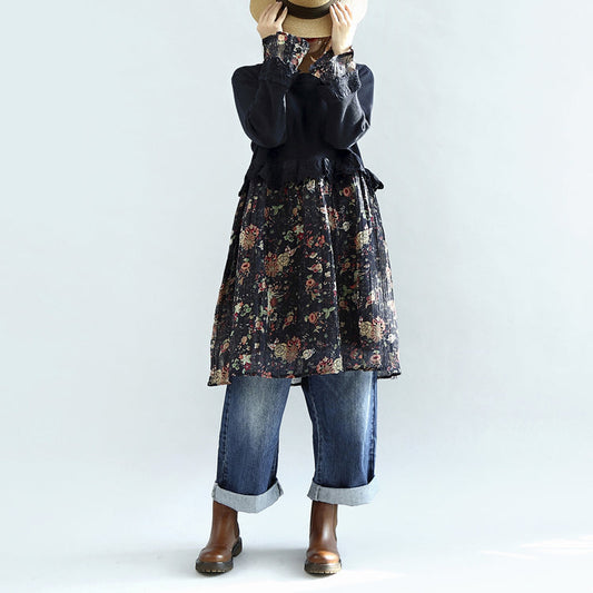 Marineblaues florales Patchwork-Baumwollkleid, Umstandskleid, süße Strickpullover