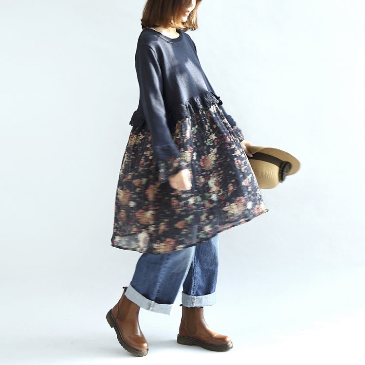 Marineblaues florales Patchwork-Baumwollkleid, Umstandskleid, süße Strickpullover