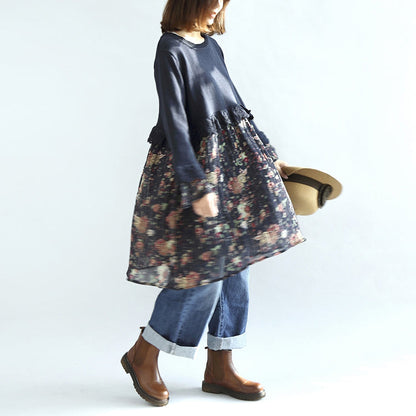 Marineblaues florales Patchwork-Baumwollkleid, Umstandskleid, süße Strickpullover