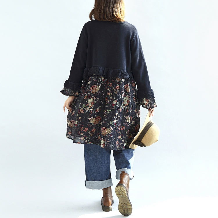 Marineblaues florales Patchwork-Baumwollkleid, Umstandskleid, süße Strickpullover