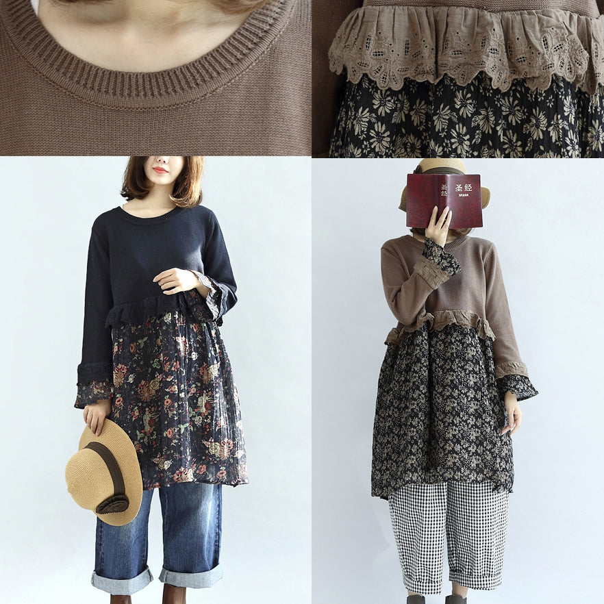 Marineblaues florales Patchwork-Baumwollkleid, Umstandskleid, süße Strickpullover