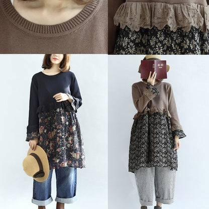 Marineblaues florales Patchwork-Baumwollkleid, Umstandskleid, süße Strickpullover