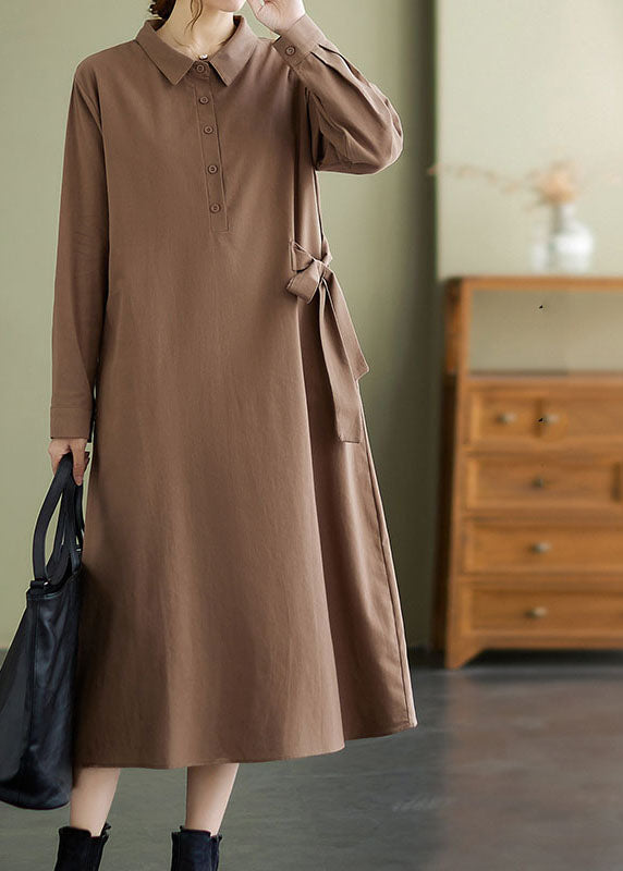 Marineblaues Baumwoll-Urlaubskleid mit Bindegürtel und langen Ärmeln