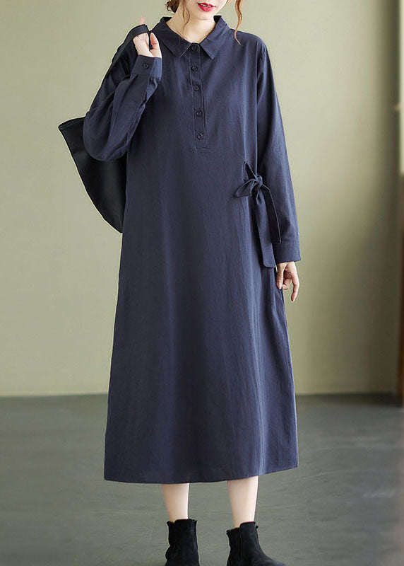 Marineblaues Baumwoll-Urlaubskleid mit Bindegürtel und langen Ärmeln