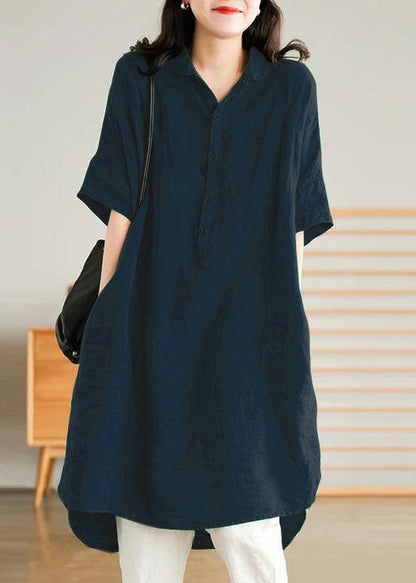 Vestido camisero informal de lino para mujer, color azul jade y copos de nieve