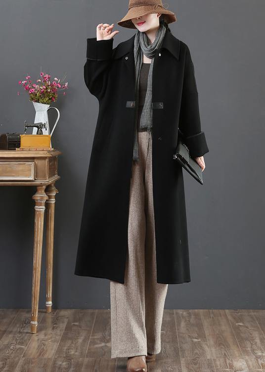 New  Loose fitting long coat winter coats black lapel pockets woolen coats - SooLinen