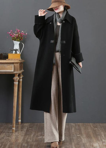 New  Loose fitting long coat winter coats black lapel pockets woolen coats - SooLinen