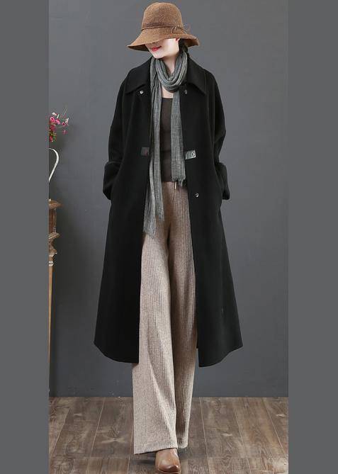 New  Loose fitting long coat winter coats black lapel pockets woolen coats - SooLinen