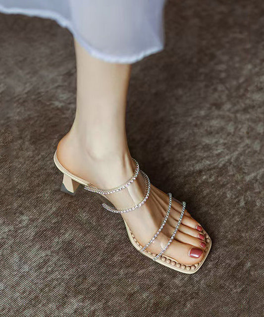 New Apricot Clear Chunky Heel Zircon Slide Sandals Peep Toe