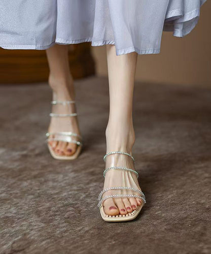 New Apricot Clear Chunky Heel Zircon Slide Sandals Peep Toe