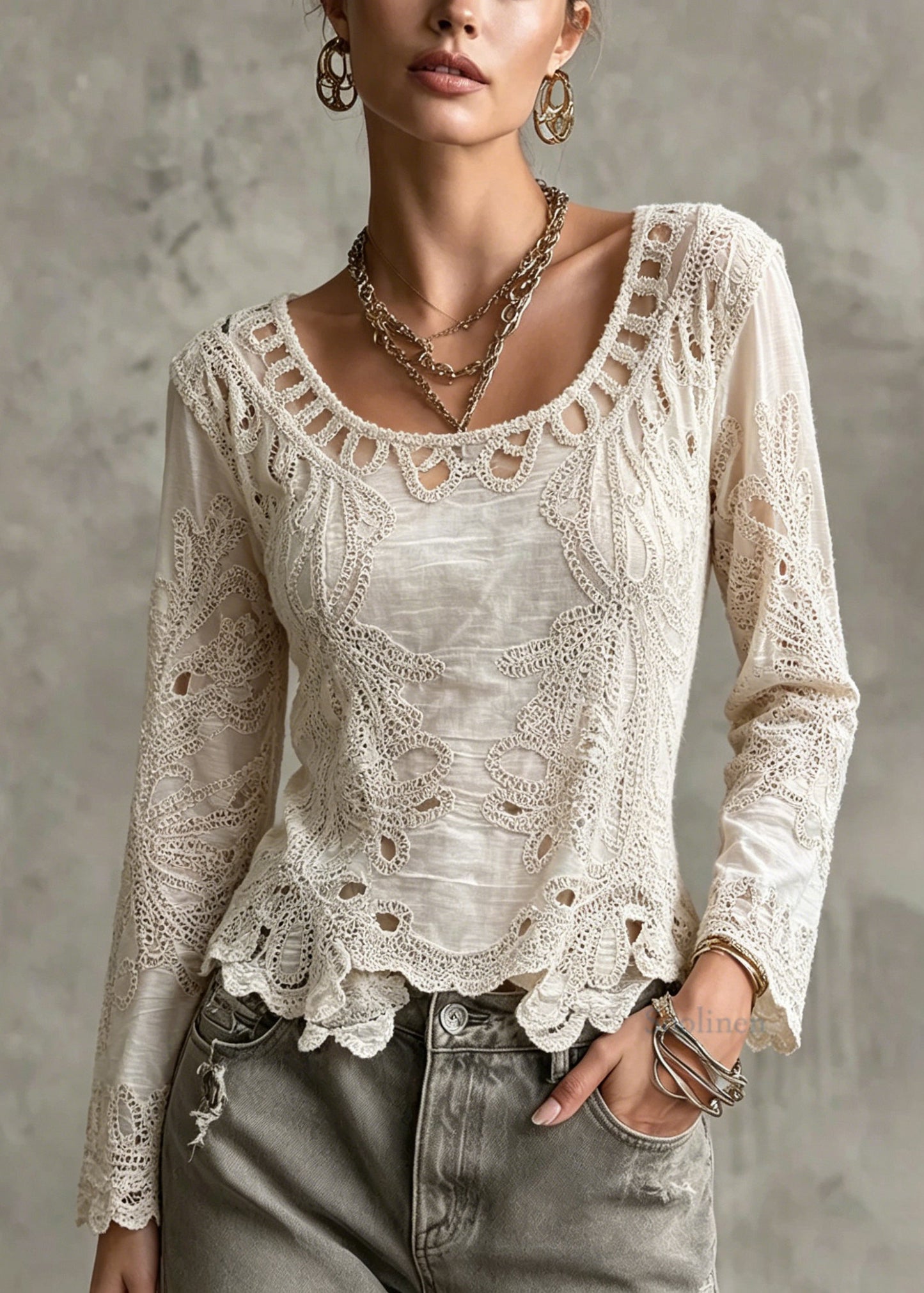 New Apricot Hollow Out Embroidered Cotton Top Long Sleeve