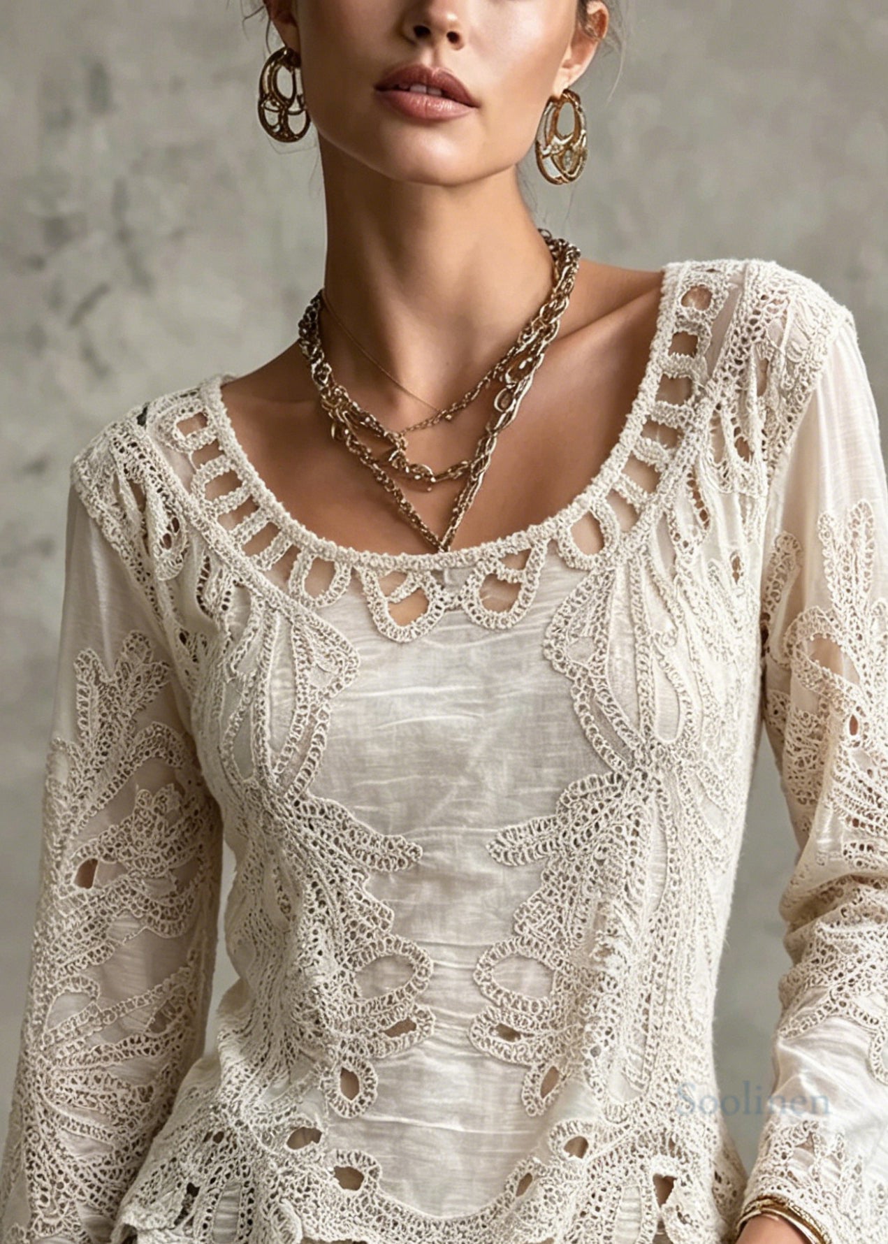 New Apricot Hollow Out Embroidered Cotton Top Long Sleeve