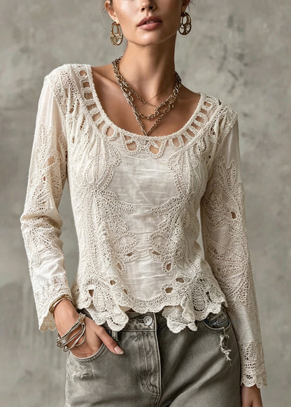New Apricot Hollow Out Embroidered Cotton Top Long Sleeve