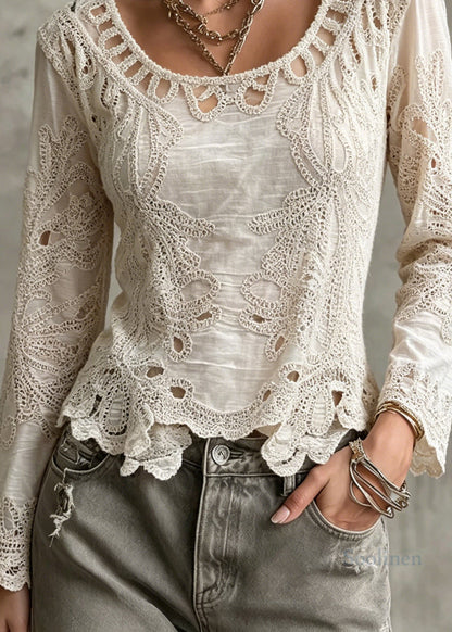 New Apricot Hollow Out Embroidered Cotton Top Long Sleeve