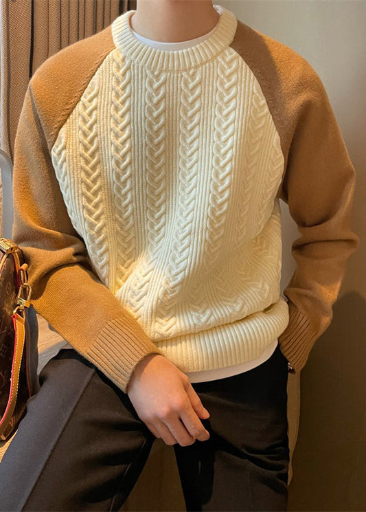 New Apricot O-Neck Thick Patchwork Cable Knit Men Sweaters Fall