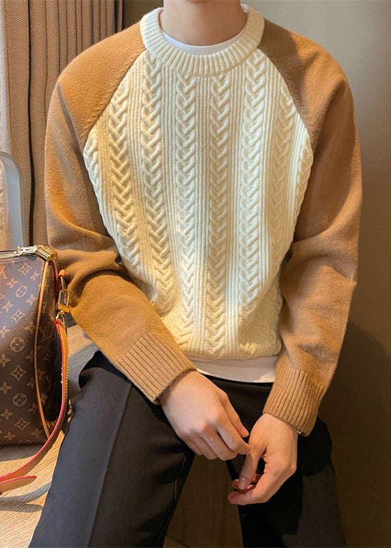 New Apricot O-Neck Thick Patchwork Cable Knit Men Sweaters Fall