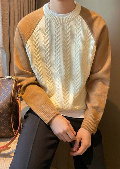 New Apricot O-Neck Thick Patchwork Cable Knit Men Sweaters Fall