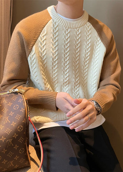 New Apricot O-Neck Thick Patchwork Cable Knit Men Sweaters Fall