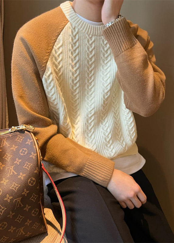New Apricot O-Neck Thick Patchwork Cable Knit Men Sweaters Fall