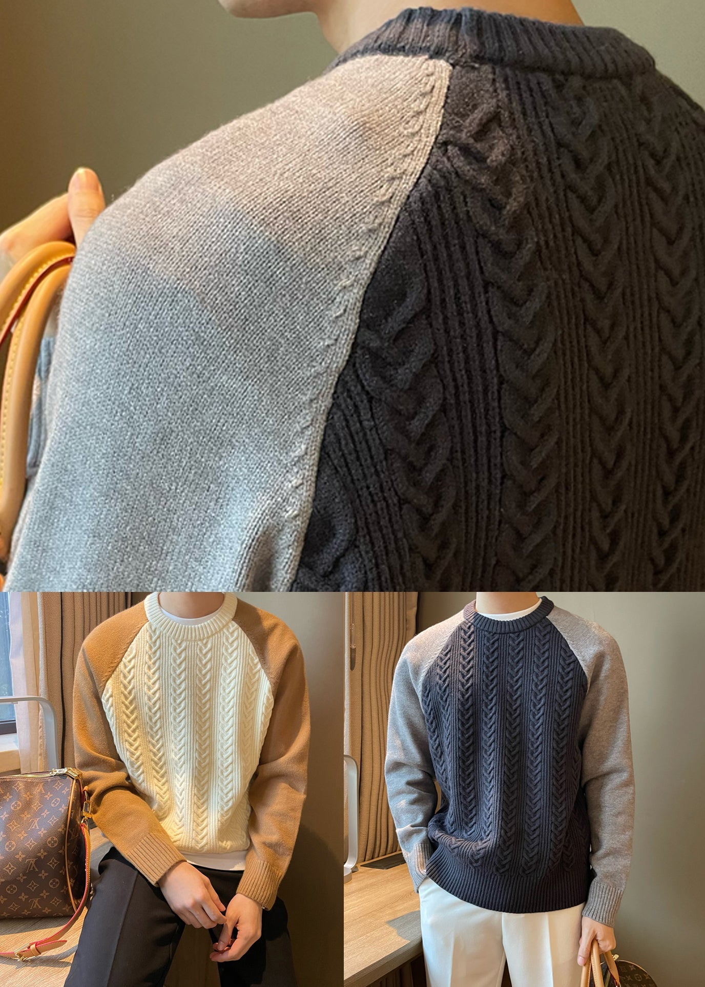New Apricot O-Neck Thick Patchwork Cable Knit Men Sweaters Fall